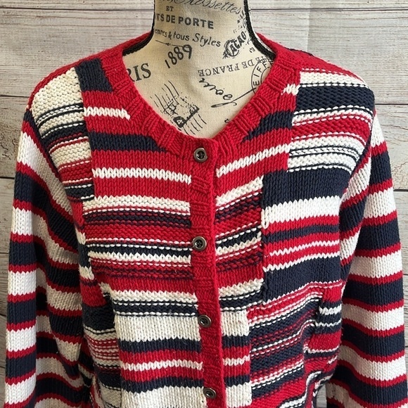 Mark Fore Strike Hand Knit Cardigan Sweater Americana Stripes Cotton Blend XL - Picture 3 of 9